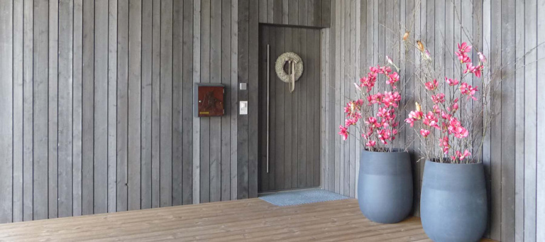 Eingangsbereich mit Holzverkleidung, großen Blumentöpfen und modernem Türdesign.