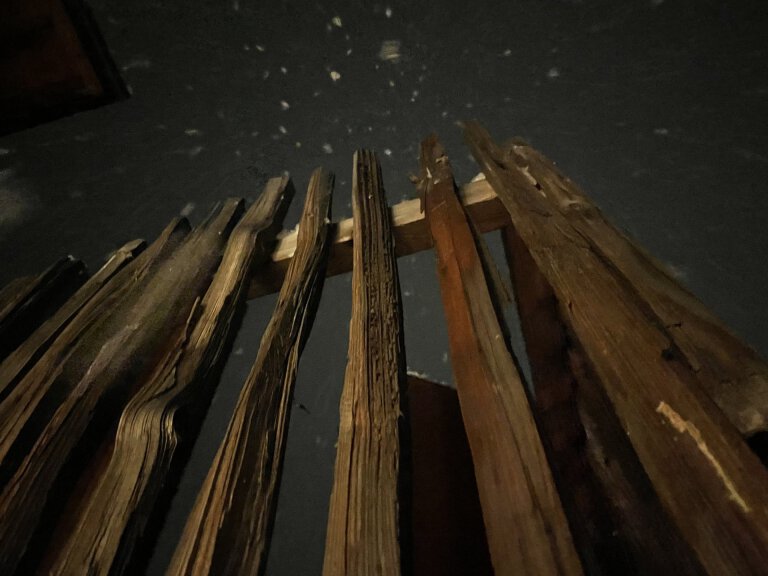 Blick nach oben durch eine Holzkonstruktion im winterlichen Abendlicht. Holz im Garten.